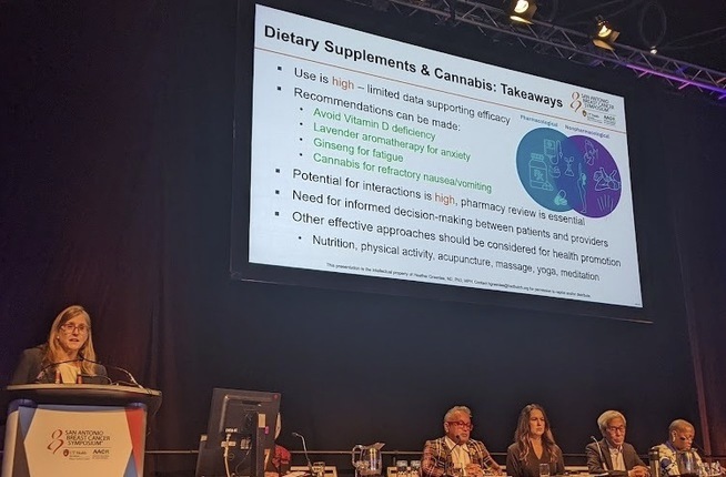 Fred Hutch's Dr. Heather Greenlee (left) speaks on a panel at the 2024 San Antonio Breast Cancer Symposium 