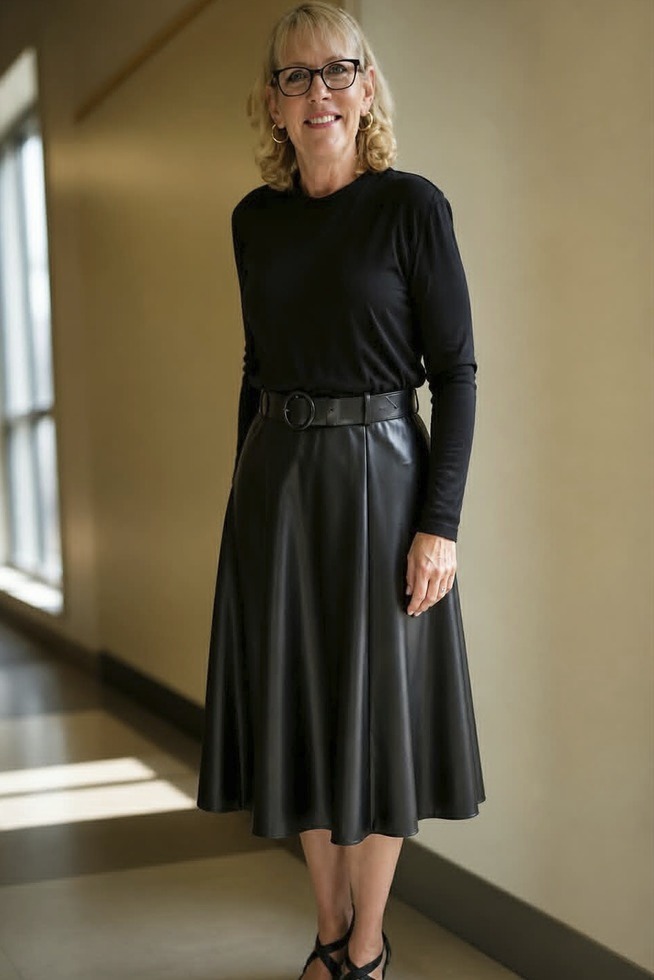 A woman standing in a room wearing a black sweater and black skirt